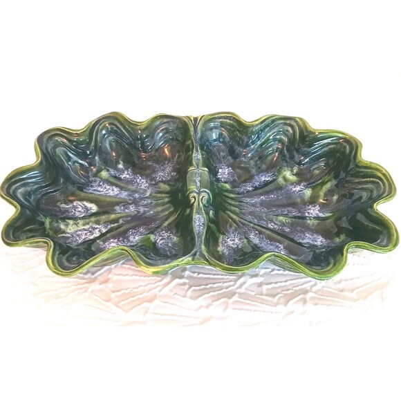 Vtg Mid-century Modern Cali Pottery Divided Leaf Dish Green Drip Glaze USA - Picture 2 of 13